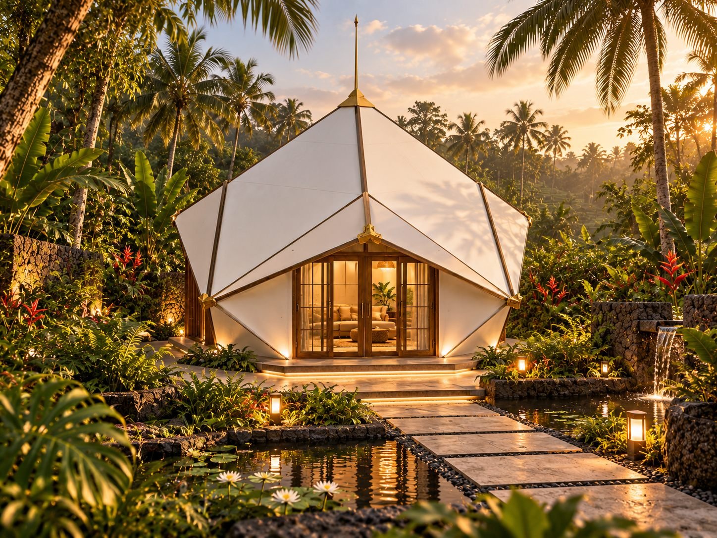 5 Meter Rhombic Dodecahedron Pyramid — golden pavilion in a tropical paradise