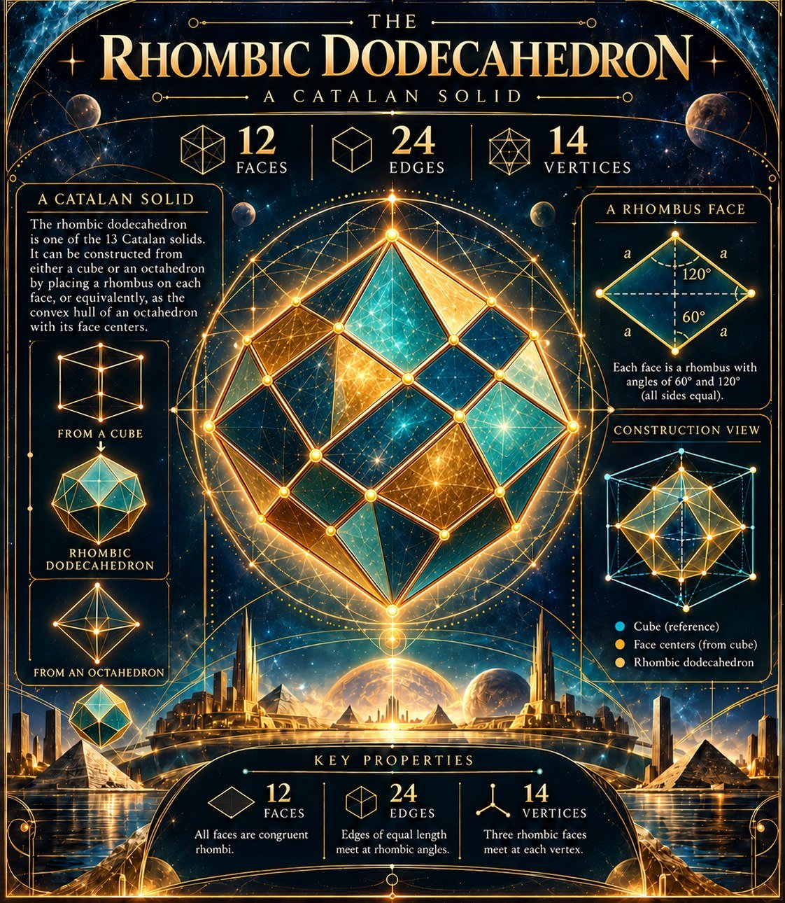 Cosmic Rhombic Dodecahedron infographic: a Catalan solid with 12 faces, 24 edges and 14 vertices, showing construction from a cube or octahedron, the 60° and 120° rhombus face, and key properties