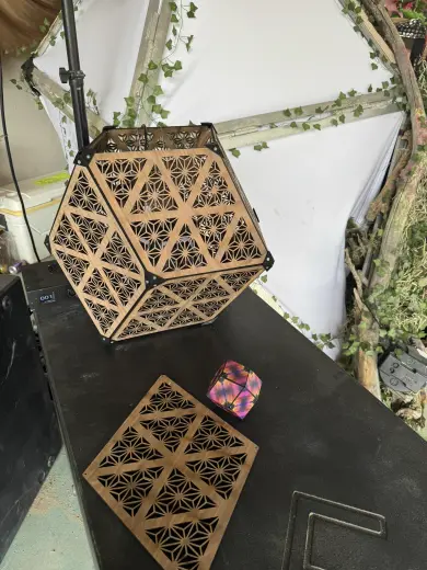 Laser-cut rhombic dodecahedron lamp 23