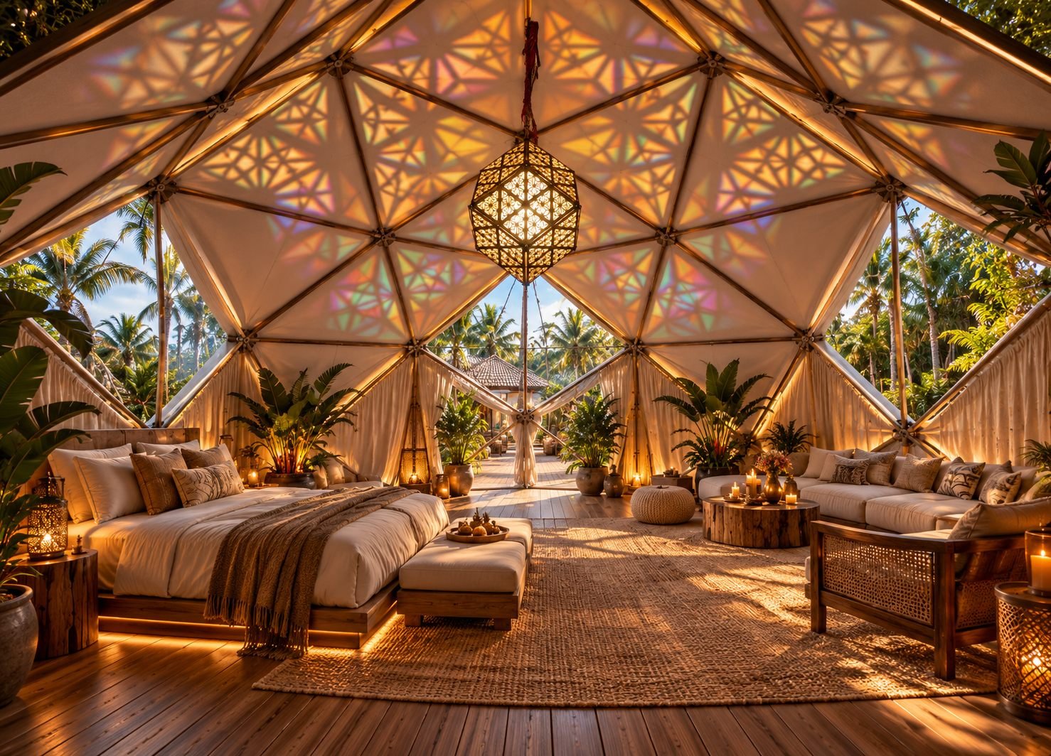 Inside a Rhombic Dodecahedron Pyramid — bed, lounge and lantern beneath the patterned 12-face canopy