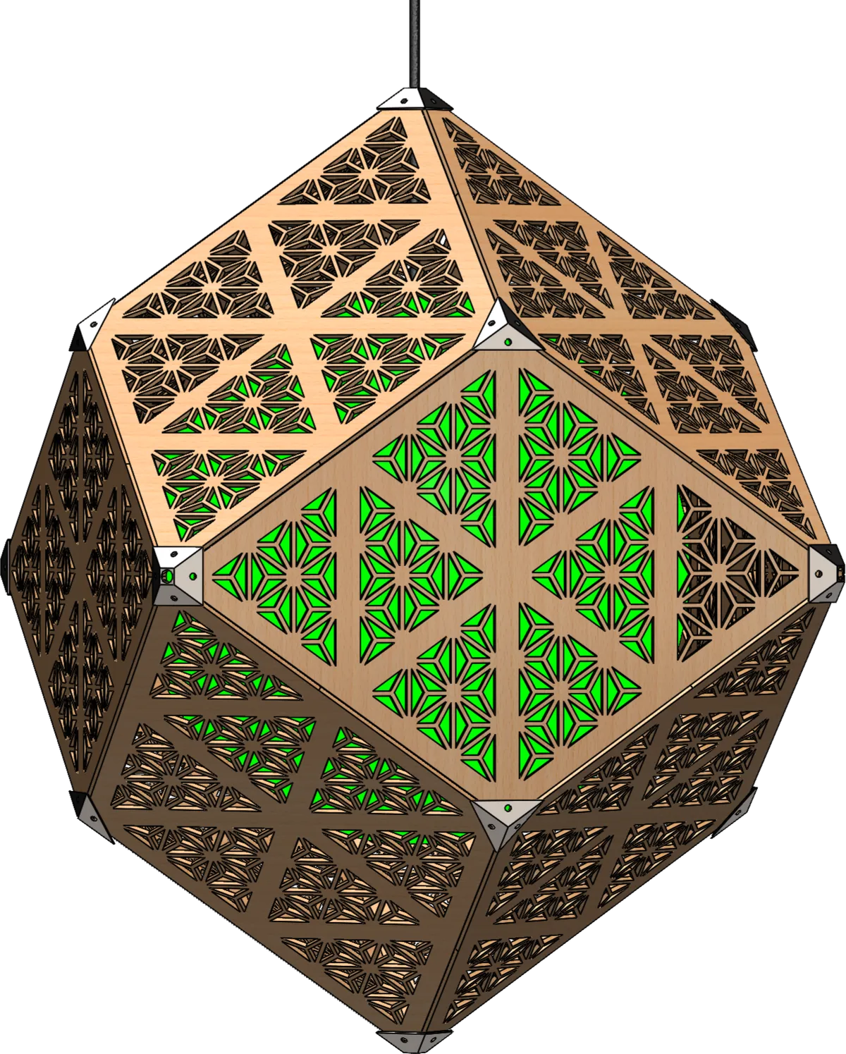Laser-cut rhombic dodecahedron pendant lamp with twelve patterned faces and a green inner glow