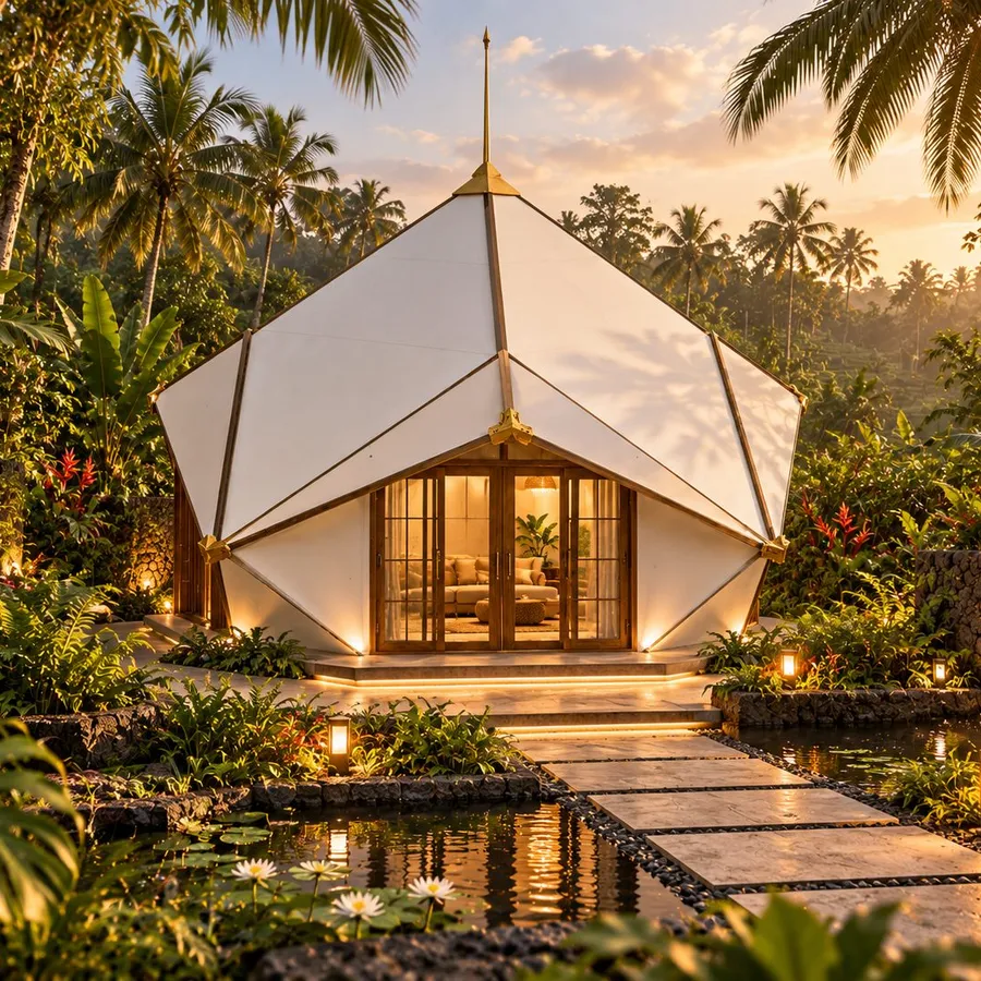 Real 5 Meter Rhombic Dodecahedron Pyramid pavilion at golden hour