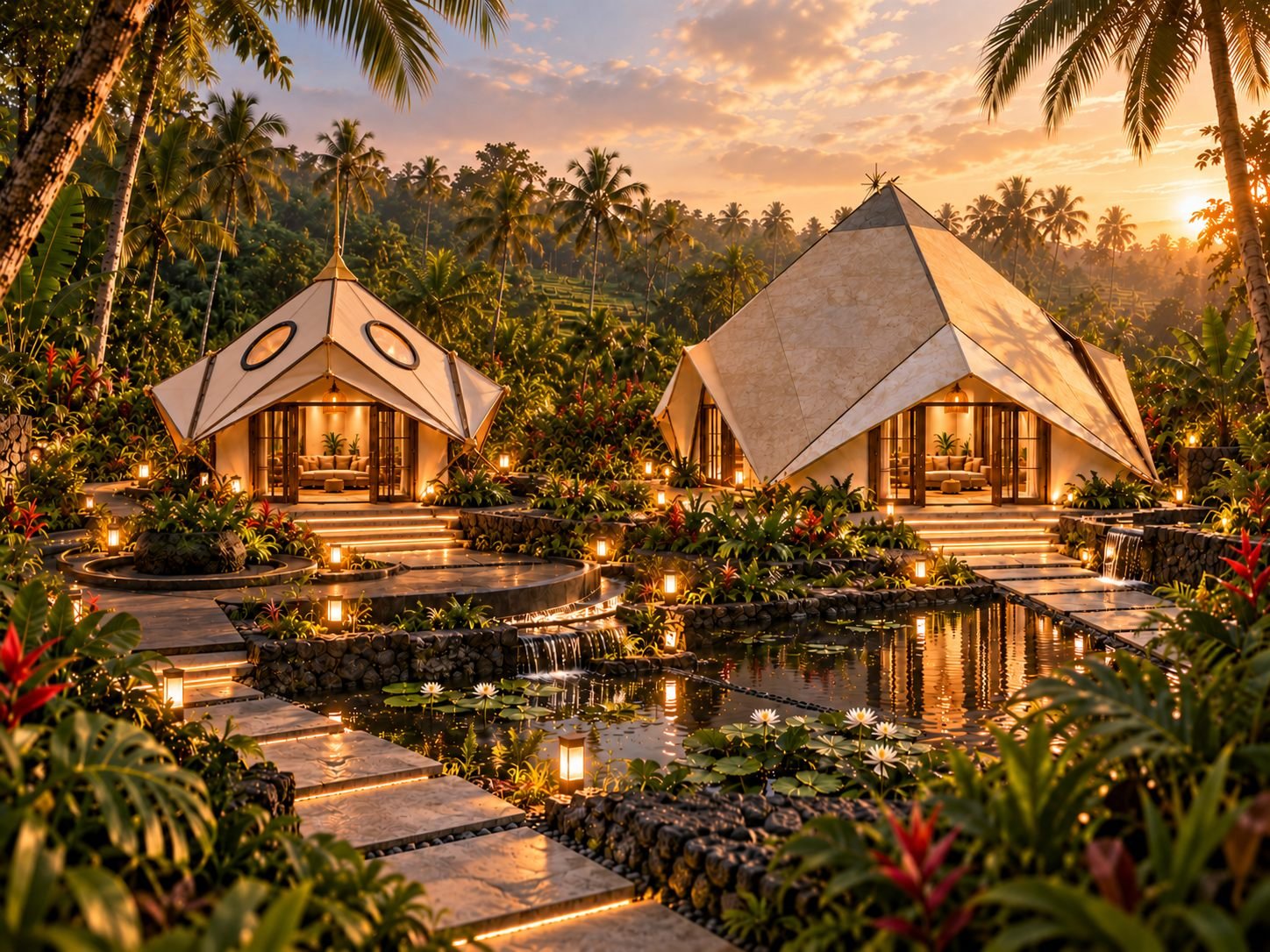 The two sizes of Rhombic Dodecahedron Pyramid — the 5 Meter and 10 Meter — side by side in a tropical garden at golden hour